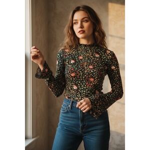 Y2K Floral Bell Sleeve Top XS Black Ditsy Whimsigoth Indie Romantic Fairy